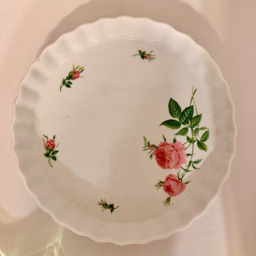 Large Vintage Pink Floral Ceramic Pie Dish